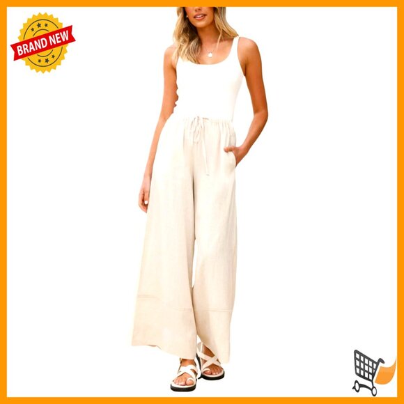 Summer Cotton Linen Palazzo Pants Wide Leg Lounge Trousers with Pockets